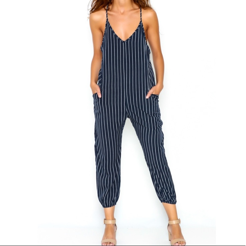 Dress Forum navy white stripe jumpsuit EUC